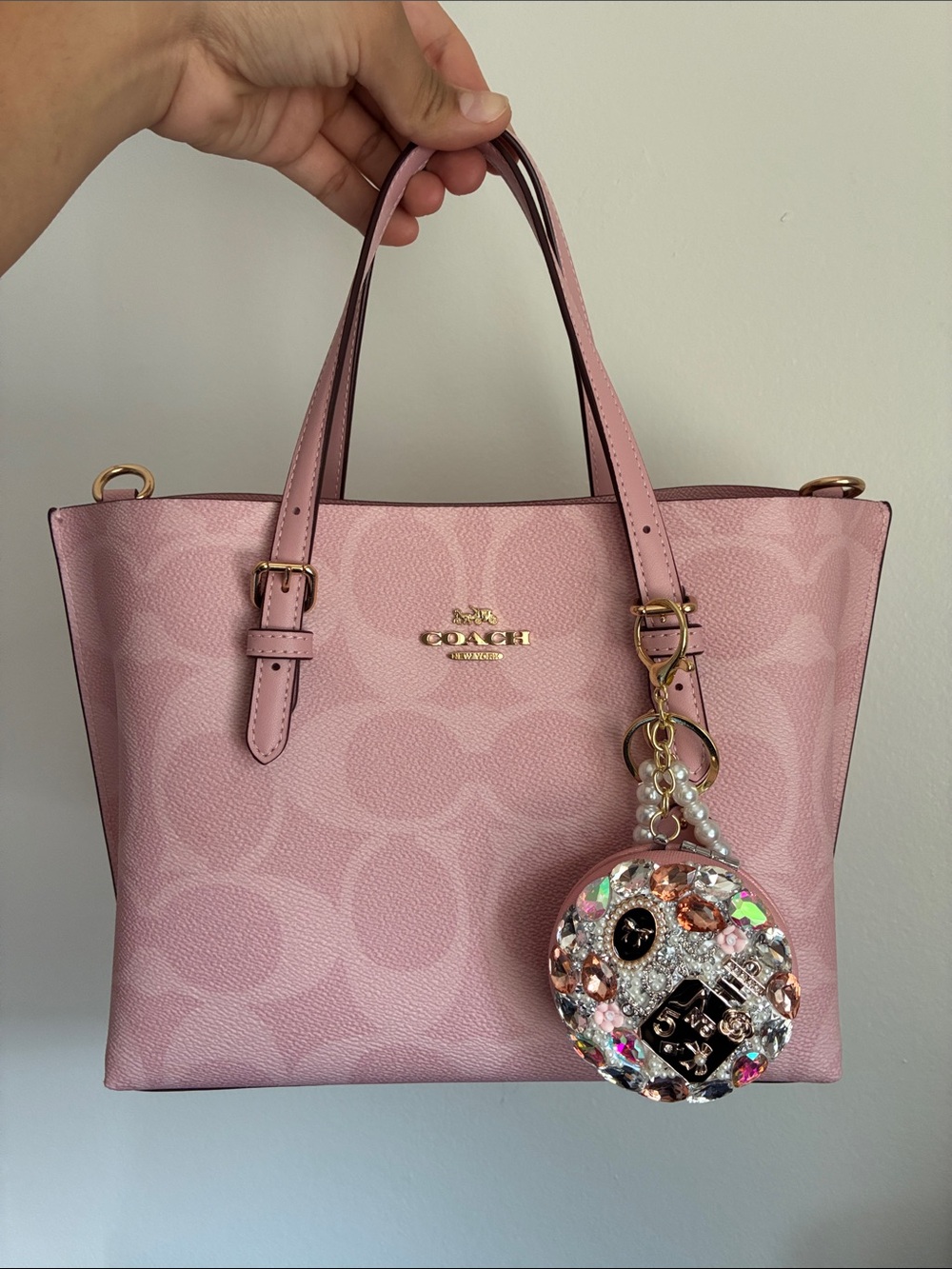 Junk Jewel Keychain Mirror Charm - Pink Pearls & Rose Gold Accents